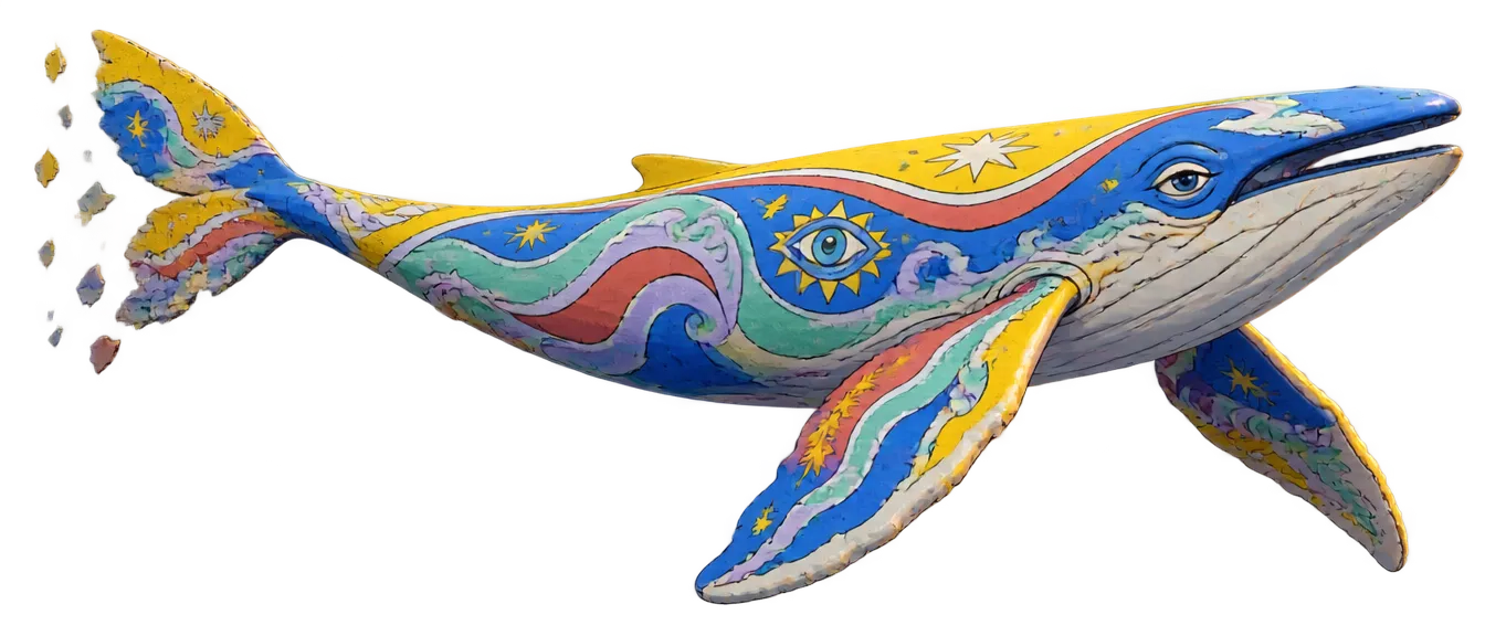 Roh mural berbentuk paus bungkuk warna-warni lepas dari dinding dan berenang di udara.