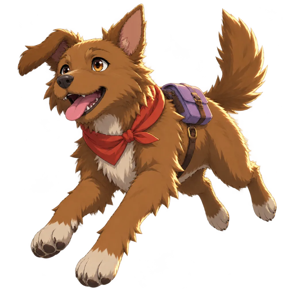 Paco, anjing berbulu coklat dengan bandana merah dan tas kecil lilac, melompat dengan lidah terjulur.