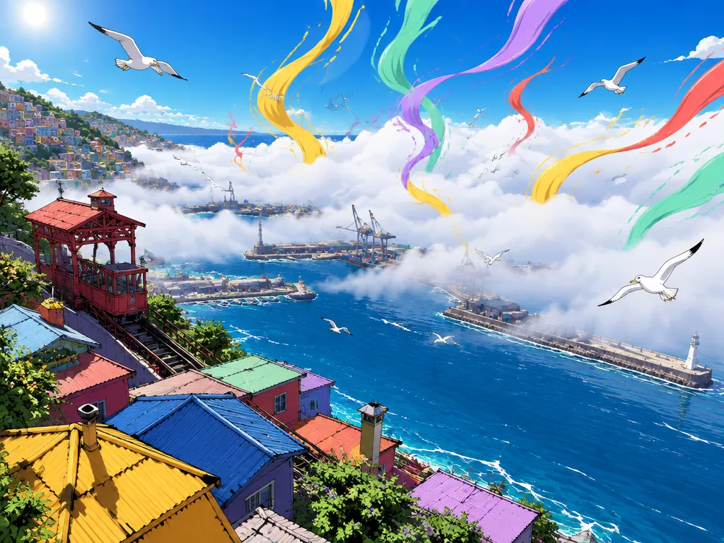 Kabut laut putih naik dari pelabuhan, pita cat mural kuning, mint, dan lilac melayang di dalamnya.