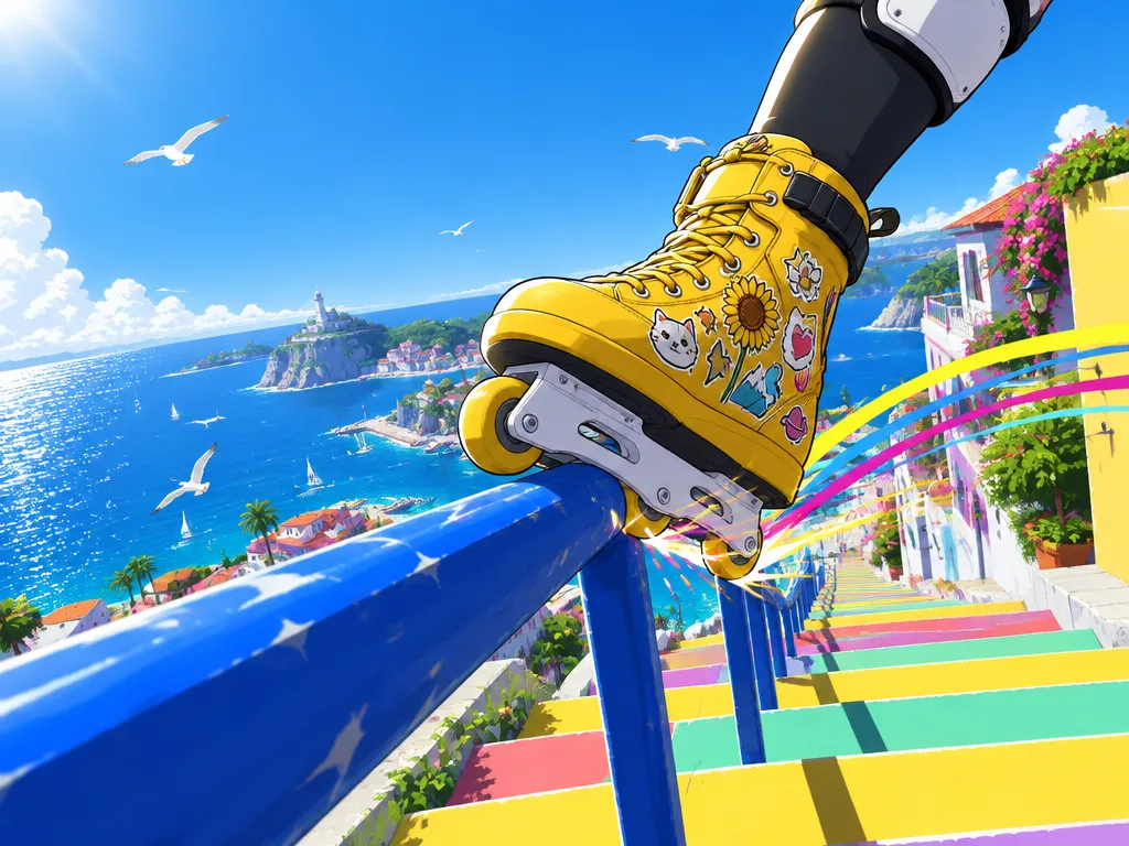 Sepatu roda kuning penuh stiker menggerus rel tangga biru, percik warna terbang ke arah laut.